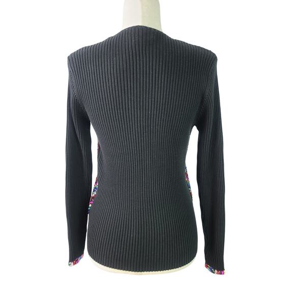 Berek Black Red Blue Sequin Embellished Bling Rib Knit Zip Up Sweater Medium - Picture 4 of 5